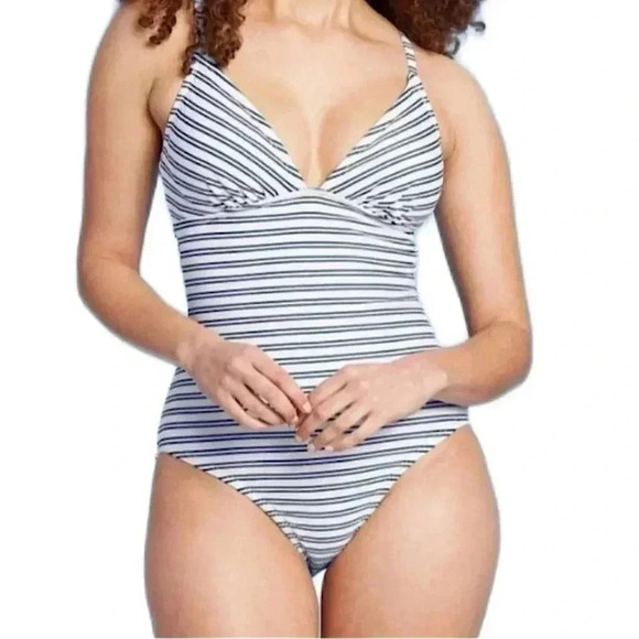 Kona Sol Other - Kona Sol - White Blue Striped Full Coverage One Piece Adjustable Strap Swimsuit